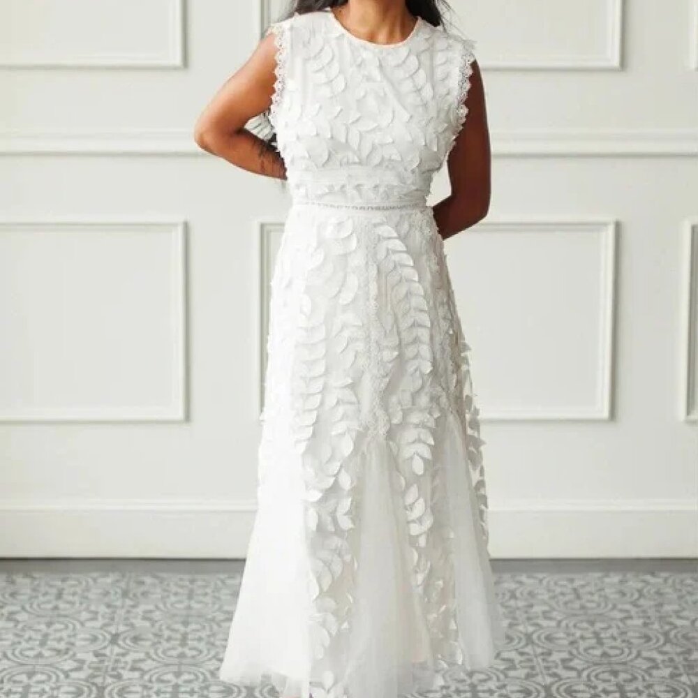 Confete Leonnie White Leaf Lace Midi Fit & Flare Dress, Size Small